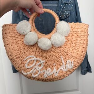 Bride Straw Bag Pom Pom Bridal Tote Honeymoon Purse